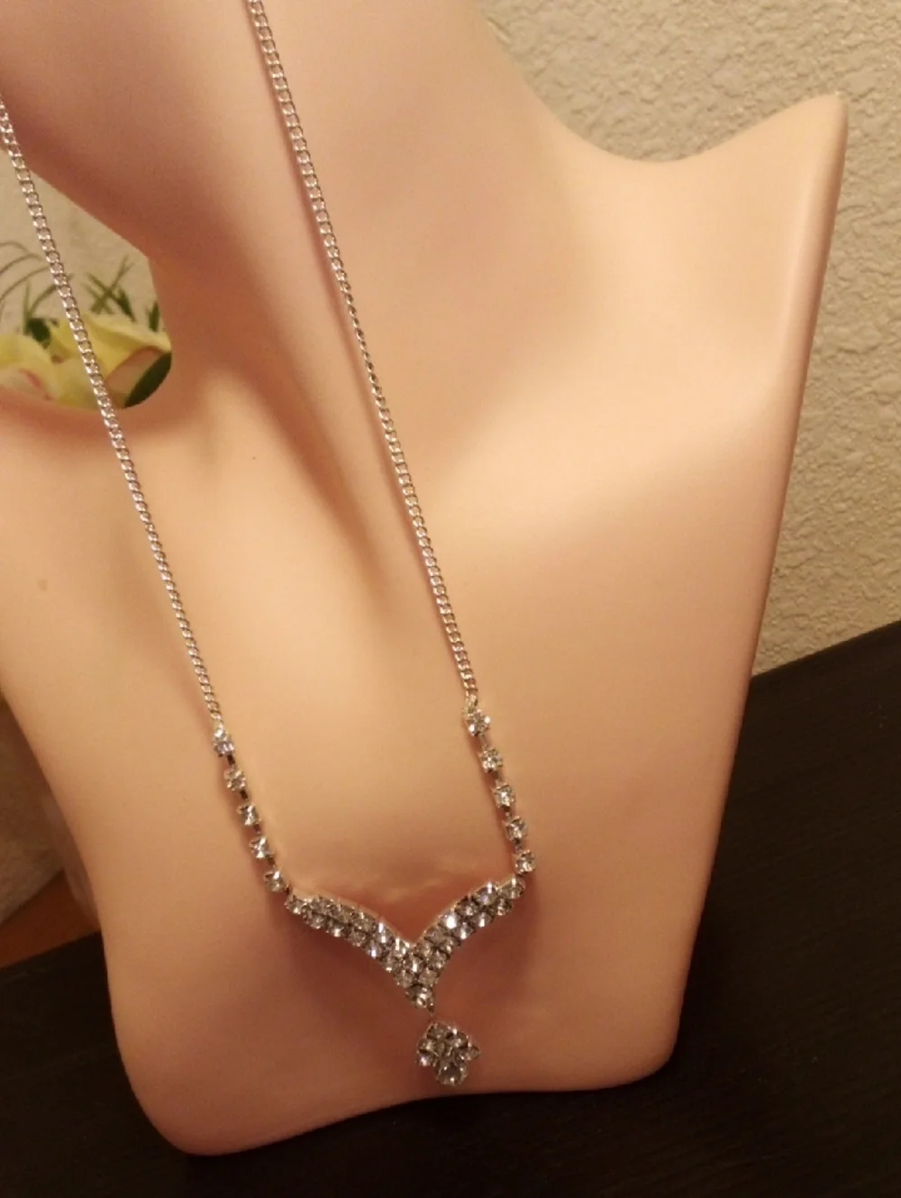Silver Crystal V-Shaped Pendant Necklace - Women Jewelry